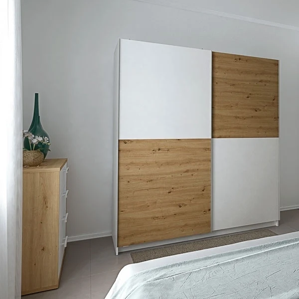Armario 2 Puertas Correderas · Blanco Poro y Roble Albar · 180x60x200 cm