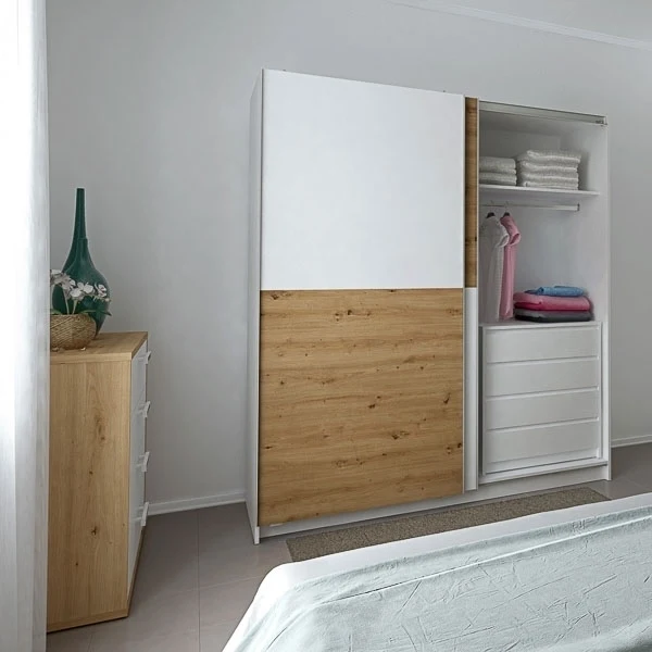 Armario 2 Puertas Correderas · Blanco Poro y Roble Albar · 180x60x200 cm