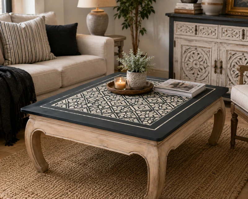 Mesa de Centro Restaurada de Madera con Diseño Geométrico