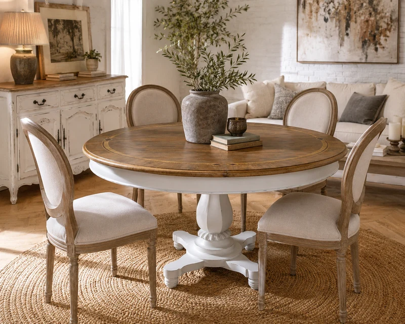 Mesa de Comedor Redonda Restaurada en Blanco y Madera Natural | Extensible Vintage