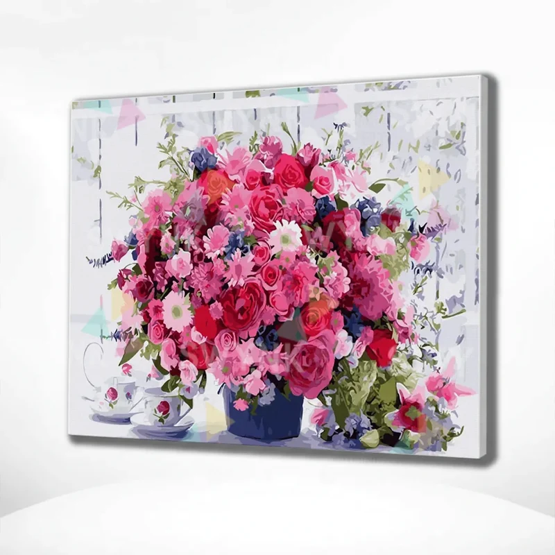 Painting by numbers Pink Flowers with Coffee Cups