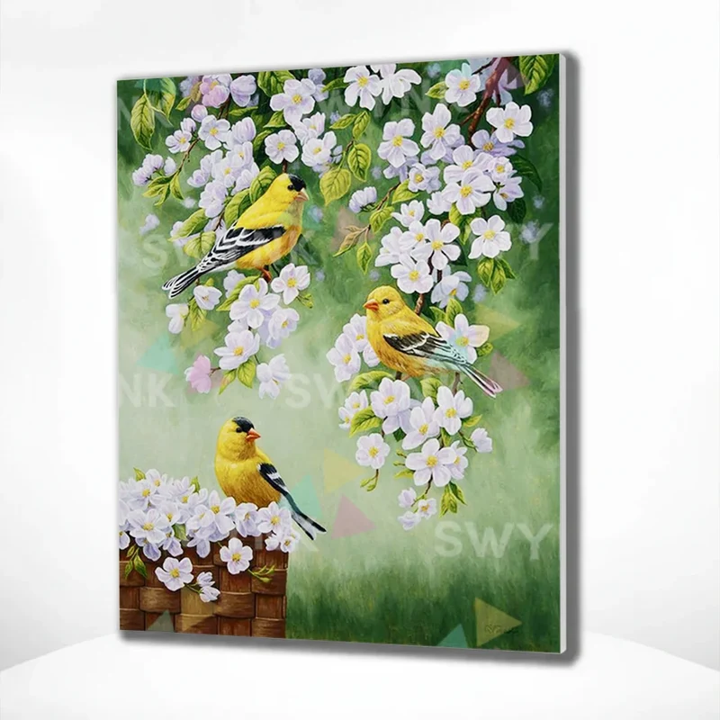 Painting by numbers Yellow Birds with White Flowers