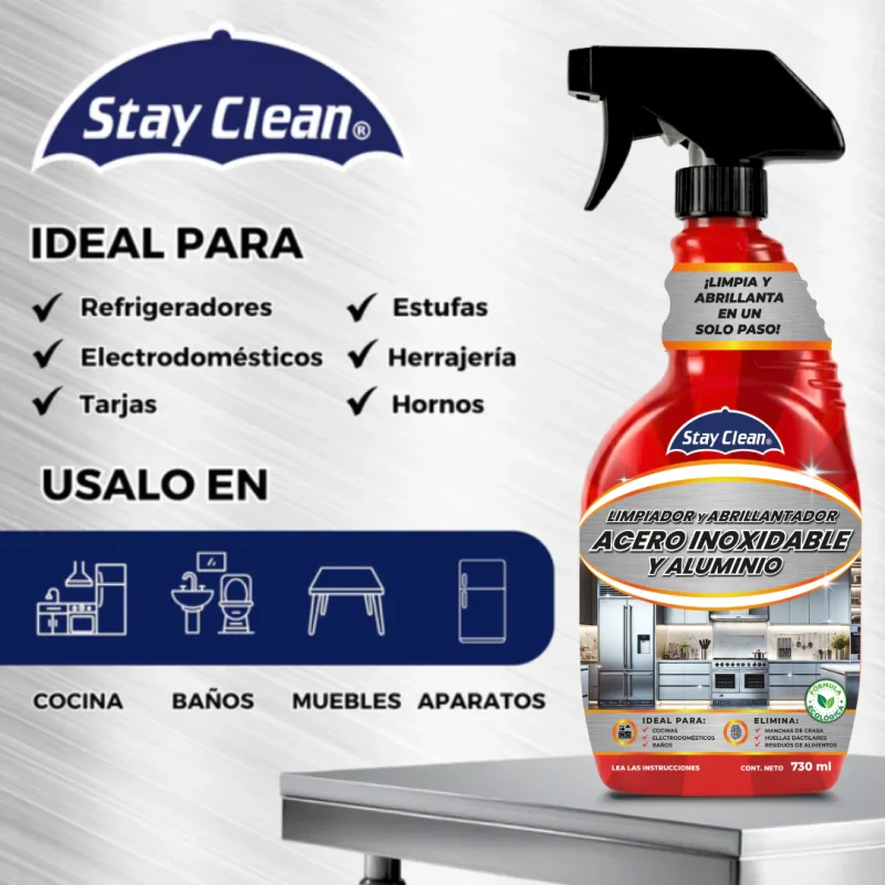 STAY CLEAN LIMPIADOR Y ABRILLANTADOR DE ACERO INOXIDABLE Y ALUMINIO 730 ML