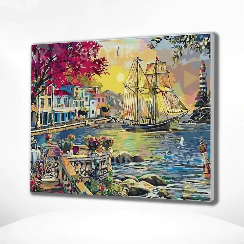 Painting by numbers Ship near city in the sea