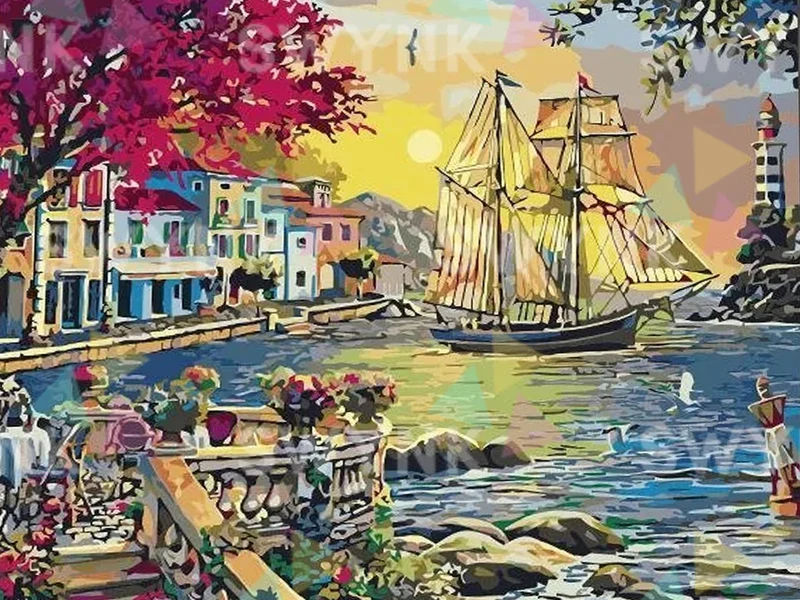 Painting by numbers Ship near city in the sea