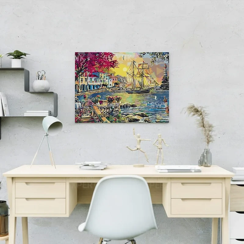 Painting by numbers Ship near city in the sea