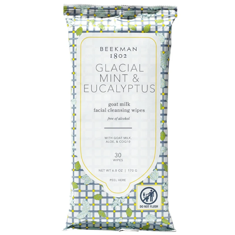 WHOLESALE BEEKMAN 1802 GLACIAL MINT & EUCALYPTUS GOAT MILK FACIAL CLEANSING WIPES - 30 COUNT - 48 PIECE LOT