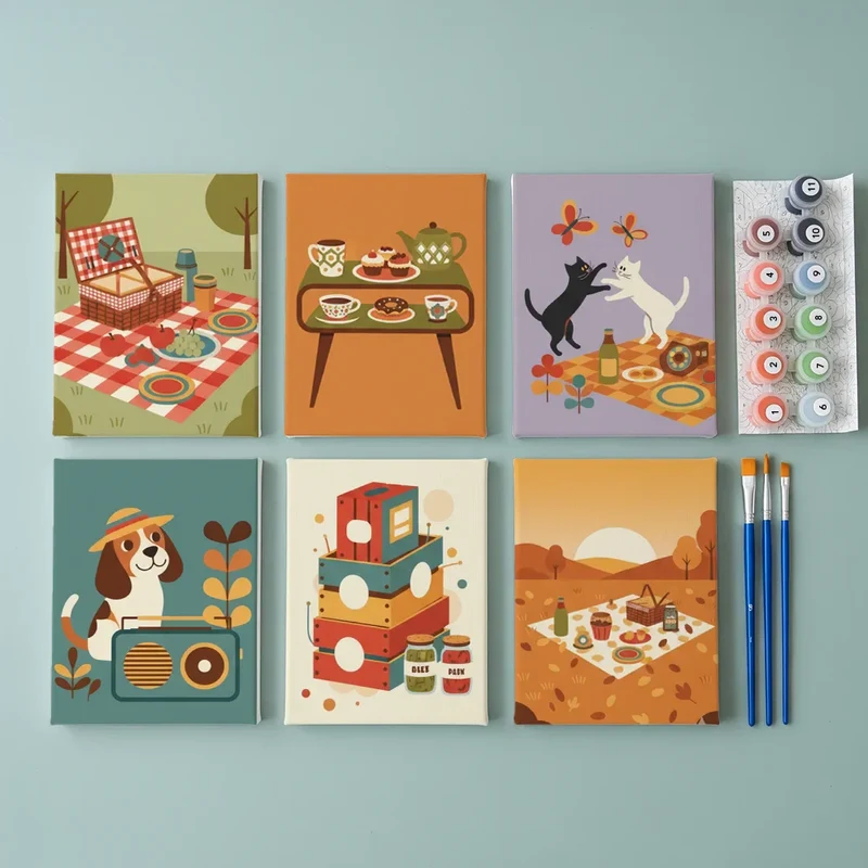 Retro Picnic Vibes - Mini Painting by numbers Set of 6