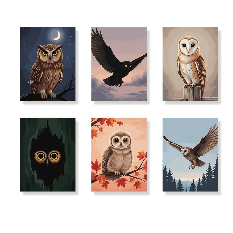 Tawny owl at dusk - Mini Painting by numbers Set of 6