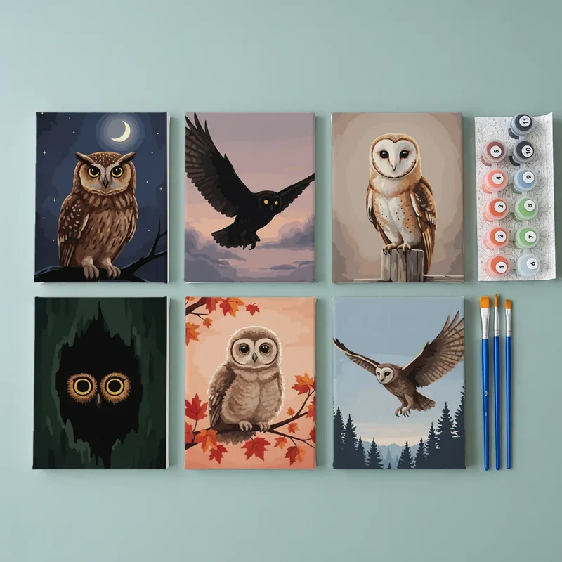 Tawny owl at dusk - Mini Painting by numbers Set of 6