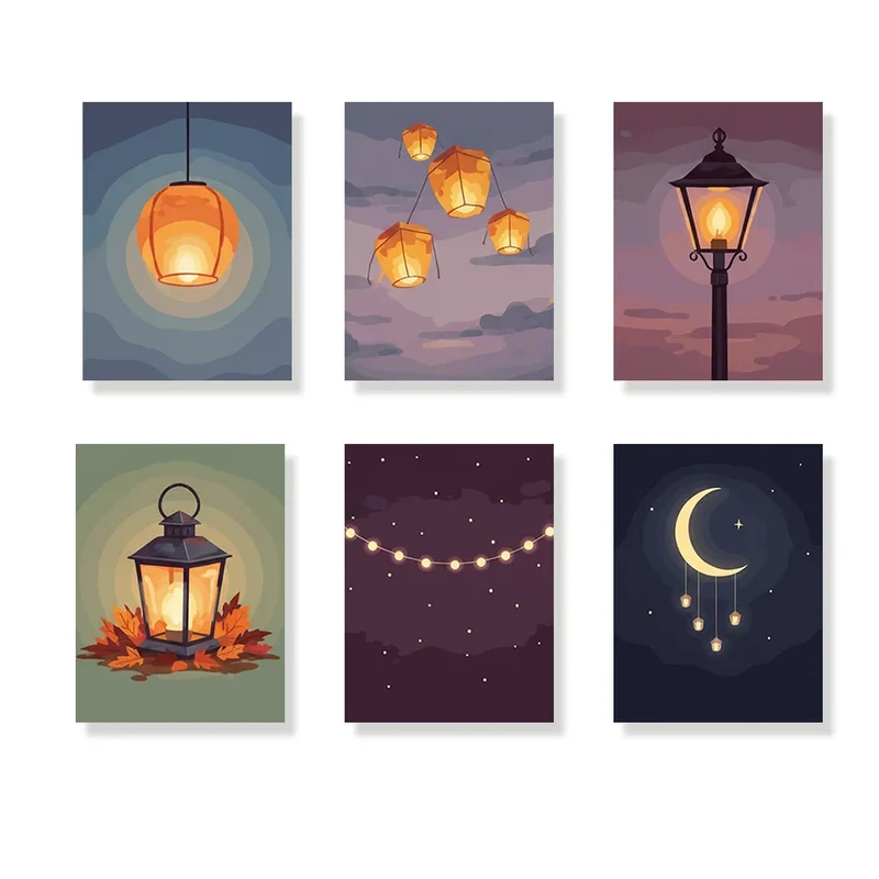 Lanterns at dusk - Mini Painting by numbers Set of 6