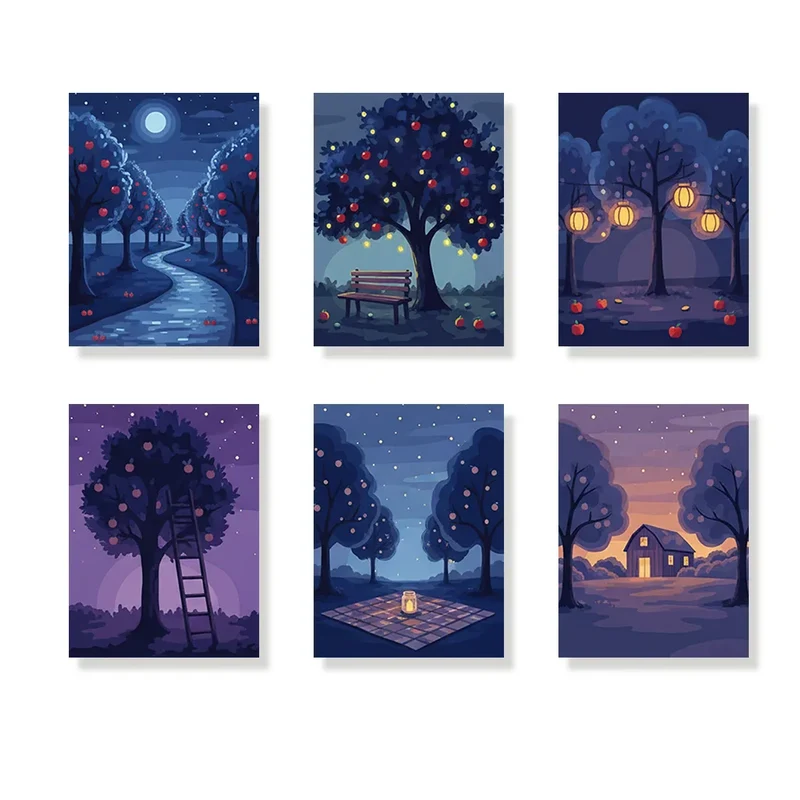 Orchard Night with Stars - Mini Painting by numbers Set of 6