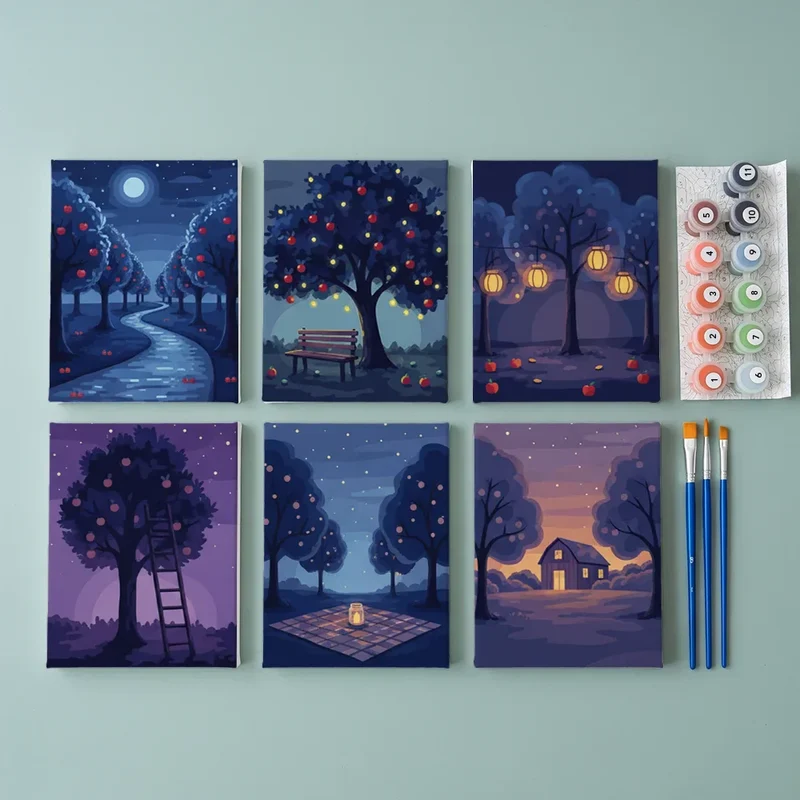 Orchard Night with Stars - Mini Painting by numbers Set of 6