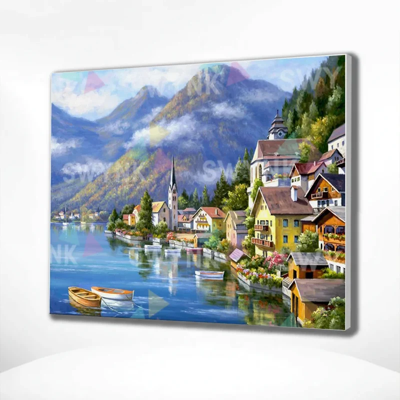 Painting by numbers Town near the mountains