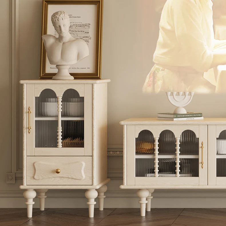 Traditional French Oak Striped Glass Arched Door Roman Column Rectangular Side Table 2/3 Tier Cabinet For Living Room