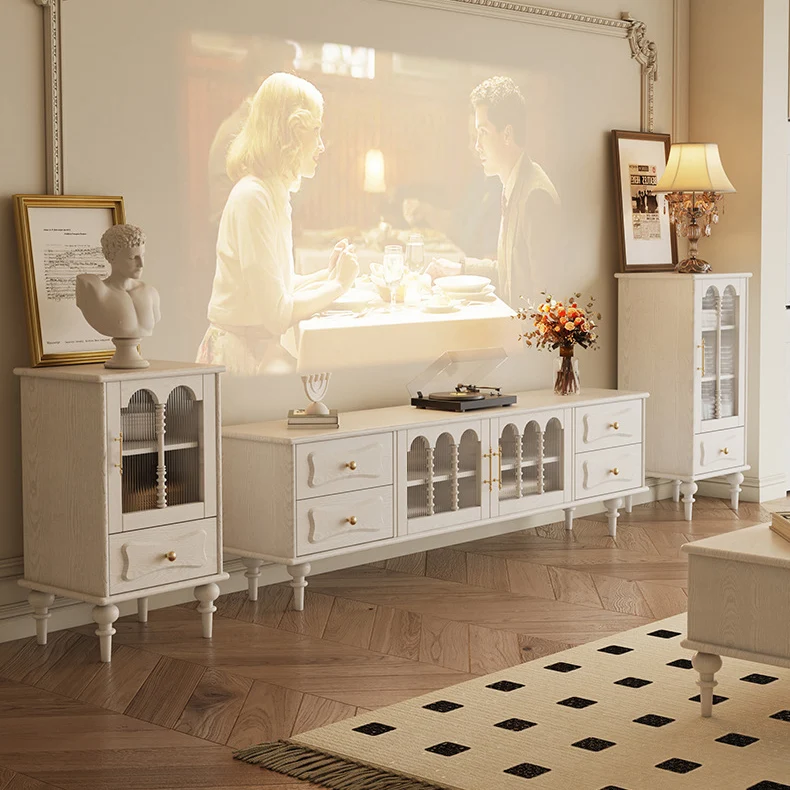 Traditional French Oak Striped Glass Arched Door Roman Column Rectangular Side Table 2/3 Tier Cabinet For Living Room