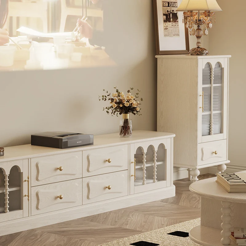 Traditional French Oak Striped Glass Arched Door Roman Column Rectangular Side Table 2/3 Tier Cabinet For Living Room