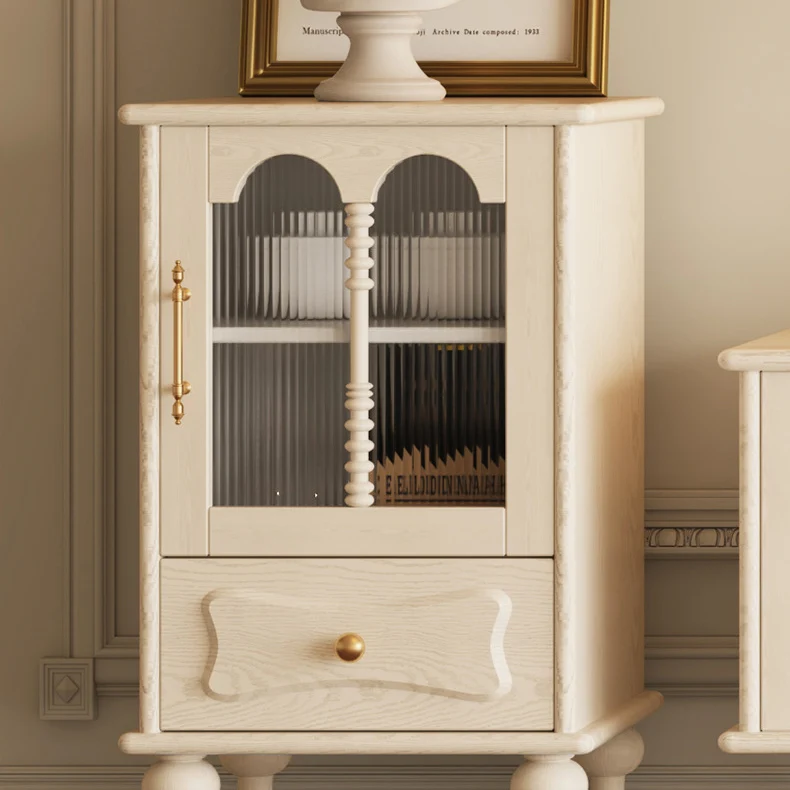 Traditional French Oak Striped Glass Arched Door Roman Column Rectangular Side Table 2/3 Tier Cabinet For Living Room