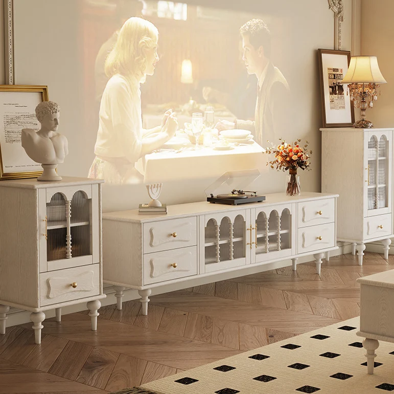 Traditional French Oak Striped Glass Arched Door Roman Column Rectangular Side Table 2/3 Tier Cabinet For Living Room