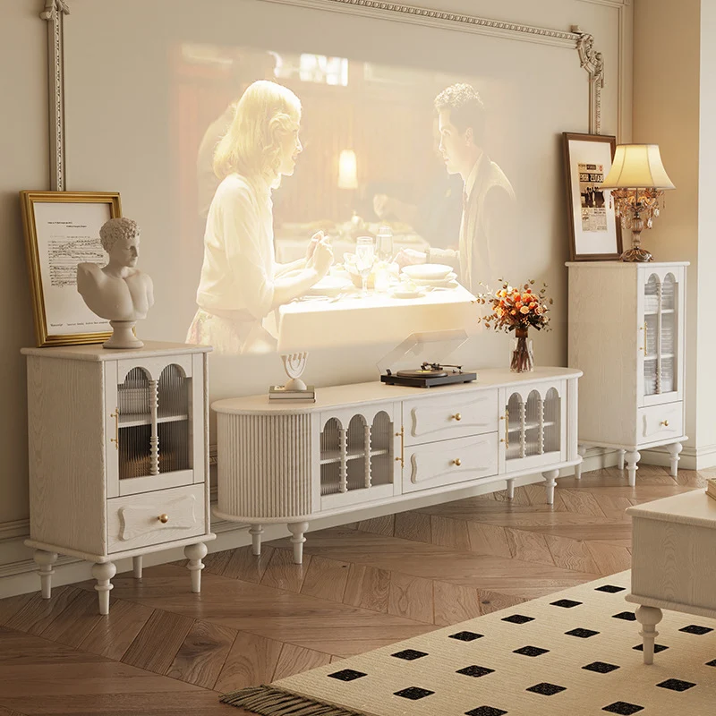 Traditional French Oak Striped Glass Arched Door Roman Column Rectangular Side Table 2/3 Tier Cabinet For Living Room