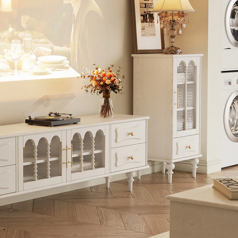 Traditional French Oak Striped Glass Arched Door Roman Column Rectangular Side Table 2/3 Tier Cabinet For Living Room