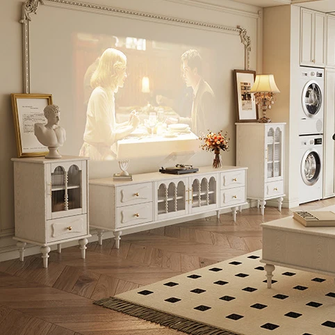 Traditional French Oak Striped Glass Arched Door Roman Column Rectangular Side Table 2/3 Tier Cabinet For Living Room