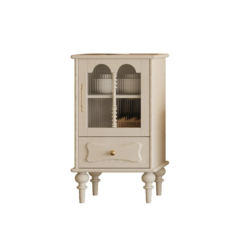 Traditional French Oak Striped Glass Arched Door Roman Column Rectangular Side Table 2/3 Tier Cabinet For Living Room