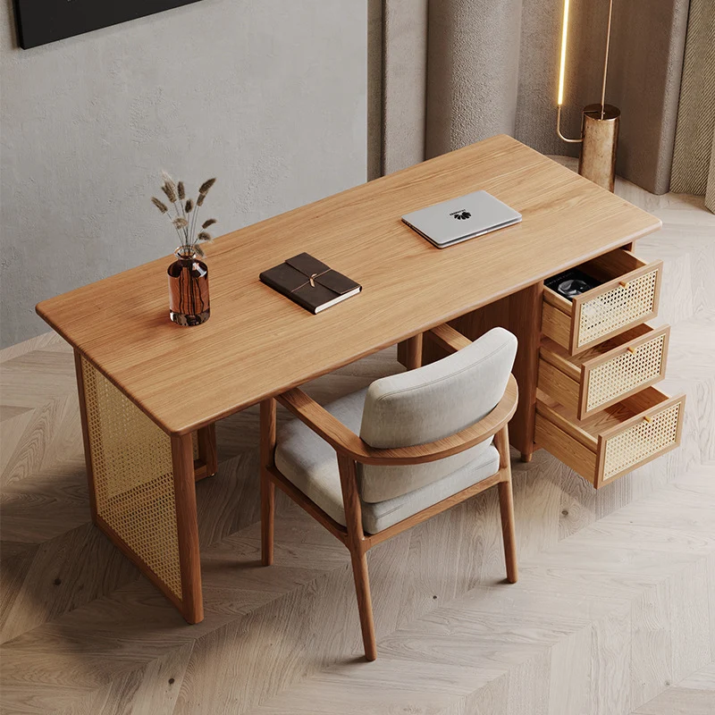 Traditional Japanese Weaving Imitation Rattan Wood Rectangular Desks 3-Drawer For Home Office