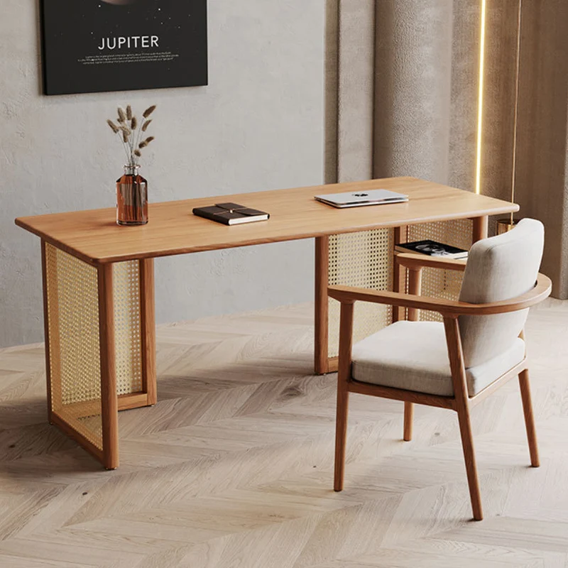 Traditional Japanese Weaving Imitation Rattan Wood Rectangular Desks 3-Drawer For Home Office