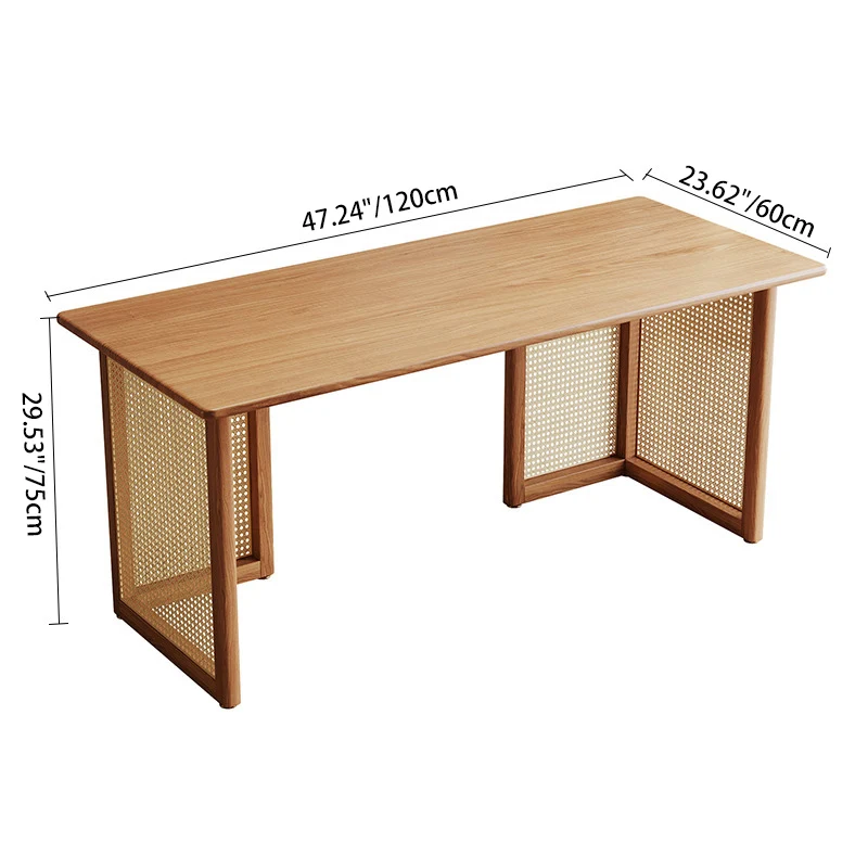 Traditional Japanese Weaving Imitation Rattan Wood Rectangular Desks 3-Drawer For Home Office