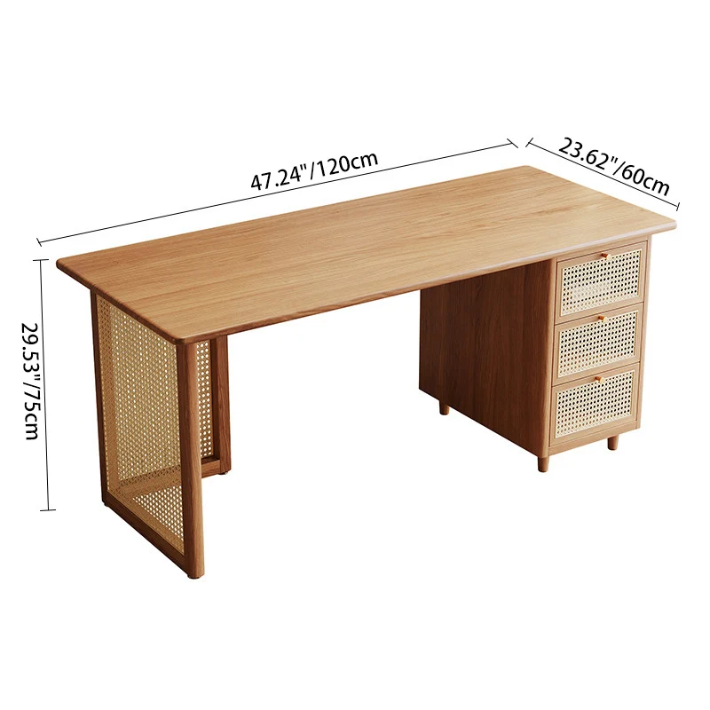 Traditional Japanese Weaving Imitation Rattan Wood Rectangular Desks 3-Drawer For Home Office