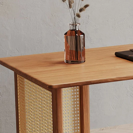 Traditional Japanese Weaving Imitation Rattan Wood Rectangular Desks 3-Drawer For Home Office