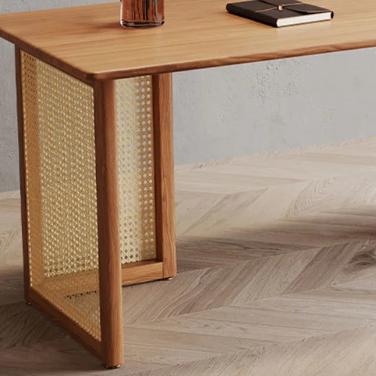 Traditional Japanese Weaving Imitation Rattan Wood Rectangular Desks 3-Drawer For Home Office