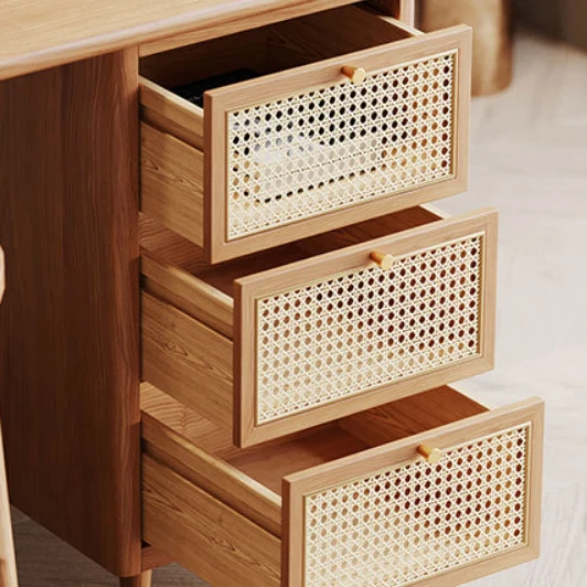 Traditional Japanese Weaving Imitation Rattan Wood Rectangular Desks 3-Drawer For Home Office