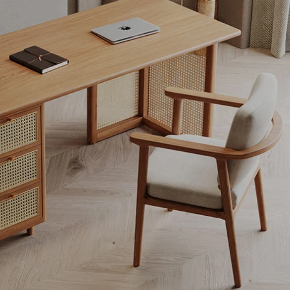 Traditional Japanese Weaving Imitation Rattan Wood Rectangular Desks 3-Drawer For Home Office