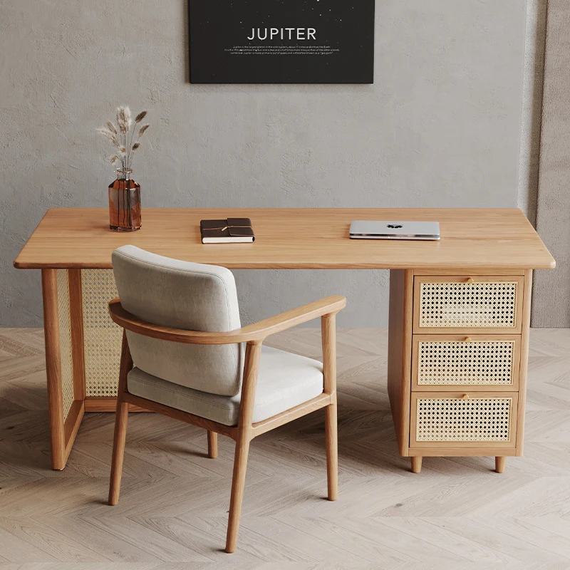 Traditional Japanese Weaving Imitation Rattan Wood Rectangular Desks 3-Drawer For Home Office