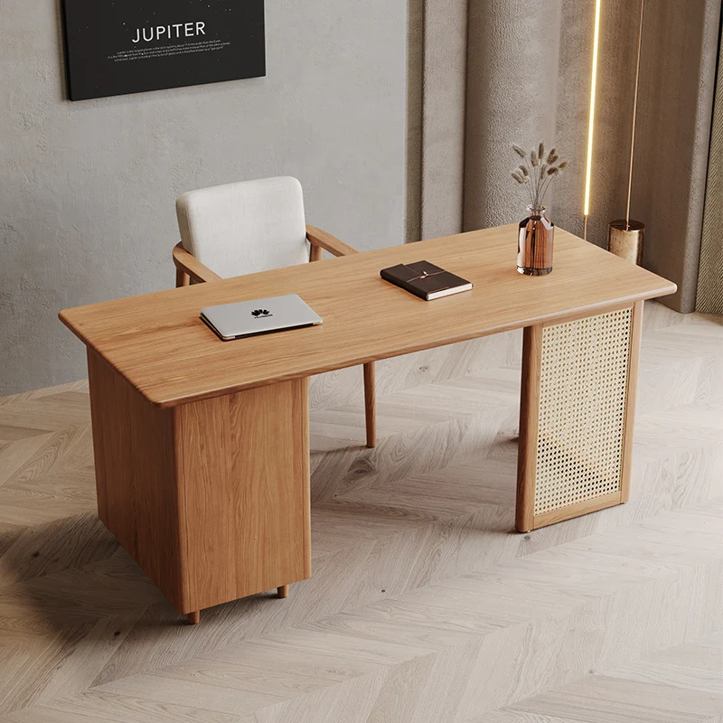 Traditional Japanese Weaving Imitation Rattan Wood Rectangular Desks 3-Drawer For Home Office