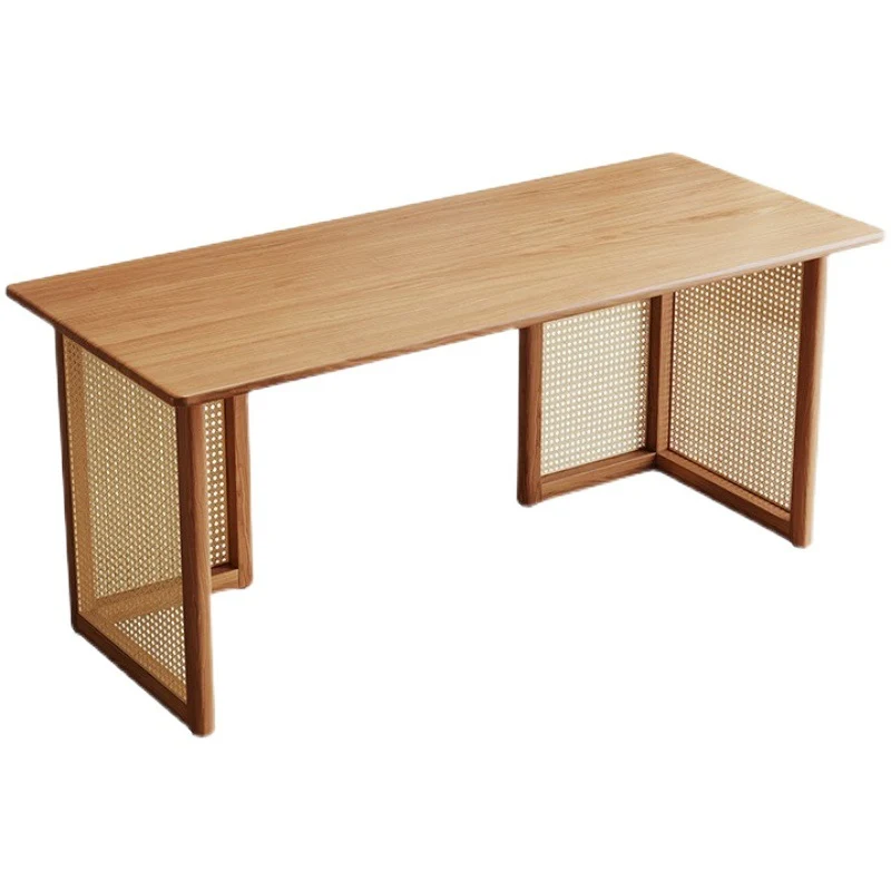 Traditional Japanese Weaving Imitation Rattan Wood Rectangular Desks 3-Drawer For Home Office