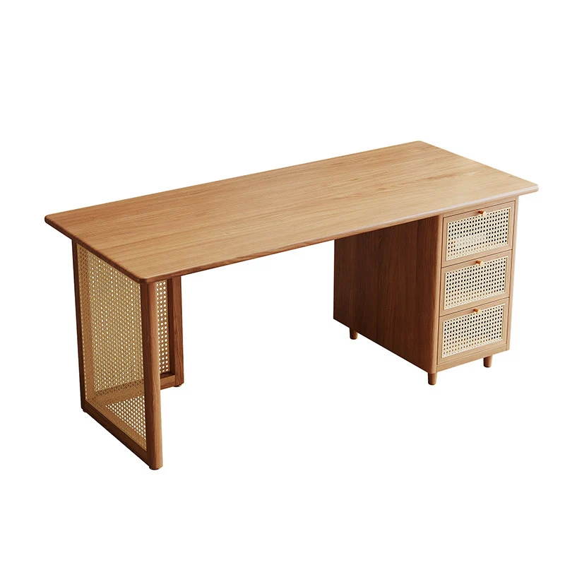 Traditional Japanese Weaving Imitation Rattan Wood Rectangular Desks 3-Drawer For Home Office