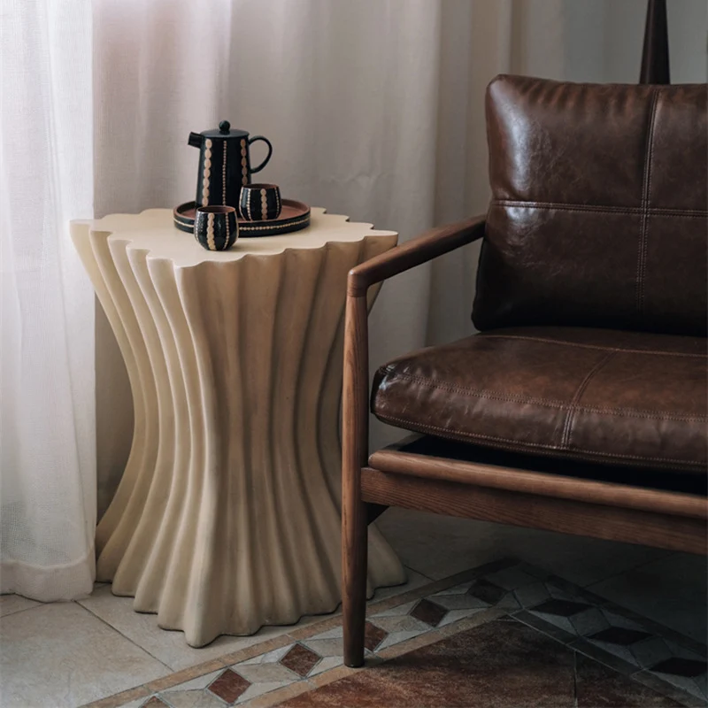 Contemporary Retro Magnesium Oxide Cookie Striped Column End Table 1-Tray For Living Room