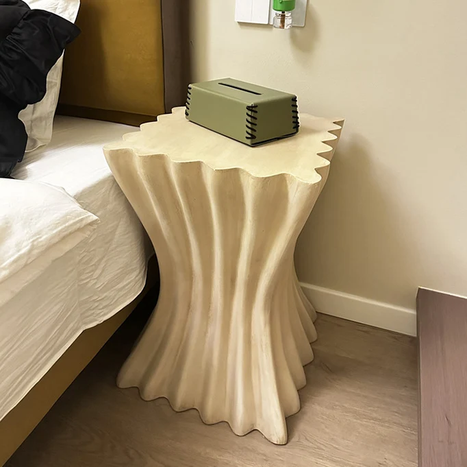 Contemporary Retro Magnesium Oxide Cookie Striped Column End Table 1-Tray For Living Room