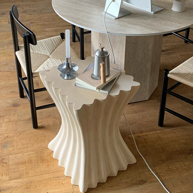Contemporary Retro Magnesium Oxide Cookie Striped Column End Table 1-Tray For Living Room