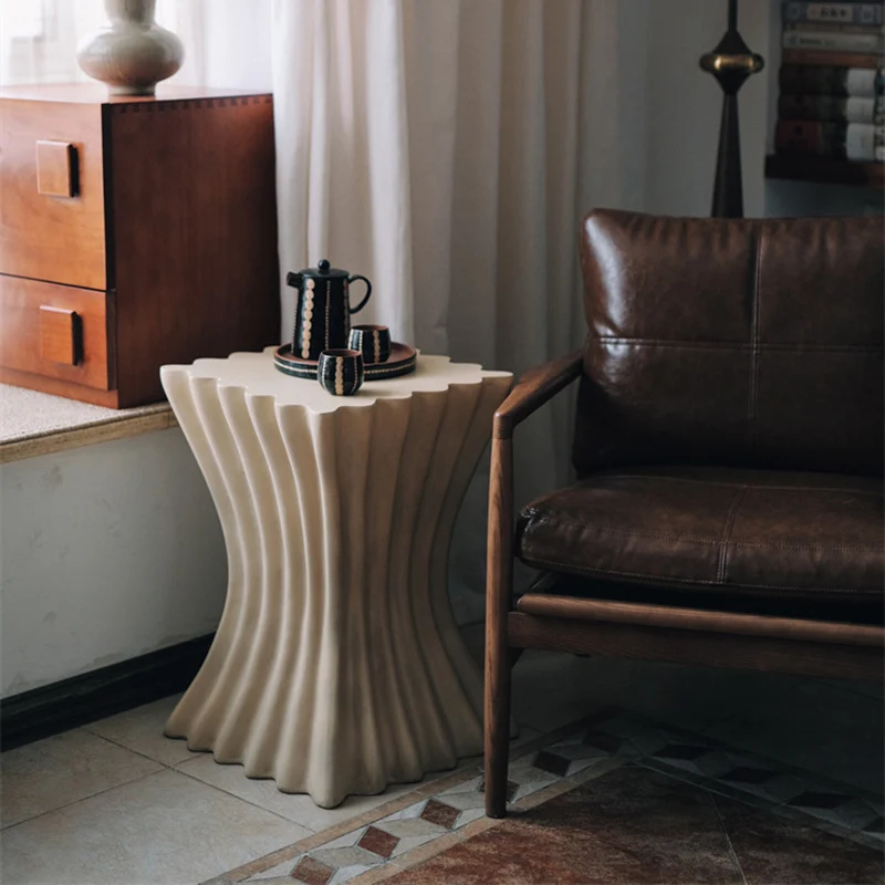 Contemporary Retro Magnesium Oxide Cookie Striped Column End Table 1-Tray For Living Room
