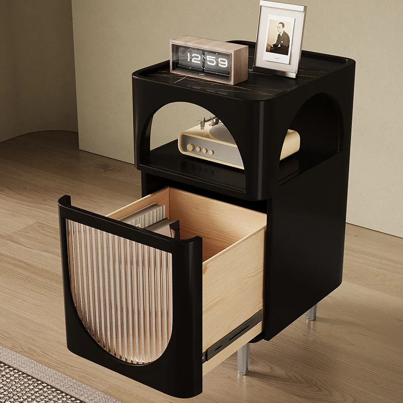 Modern Mid-Century Sintered Stone, Glass & Wood Rectangular Nightstand With 1-Drawer & 2-Tier Storage For Bedroom