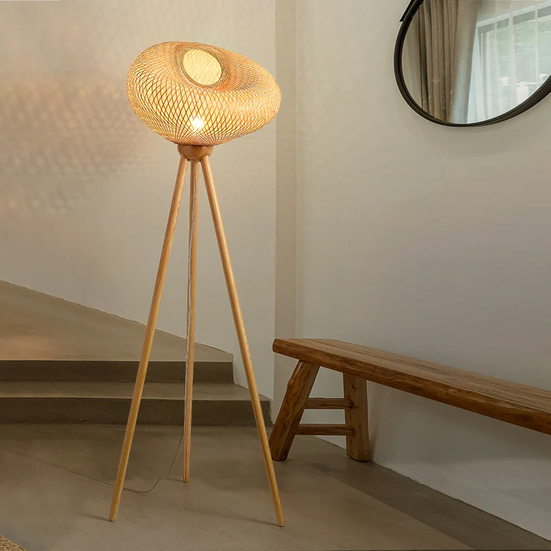 Traditional Japanese Bamboo & Wood Tripod Base Irregular Round 1-Light Standing Floor Lamp For Bedroom & Living Room