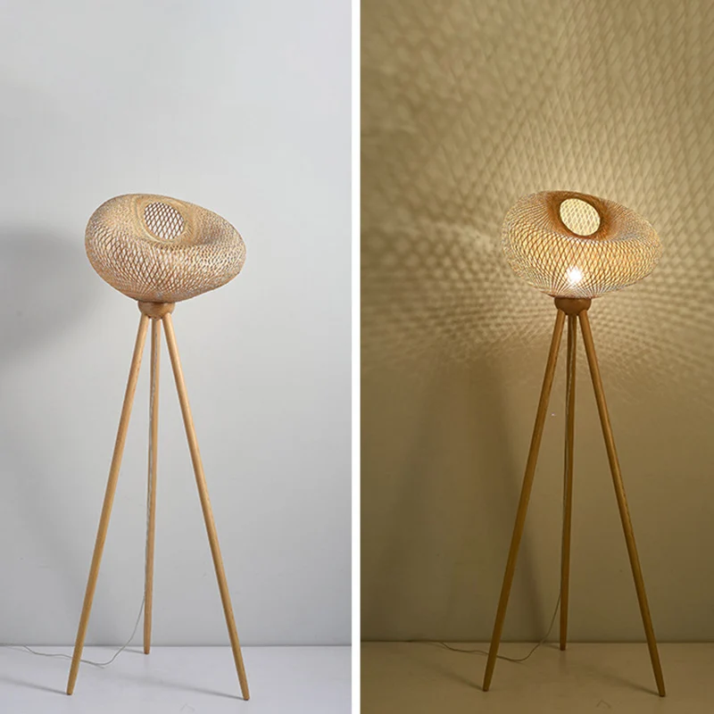 Traditional Japanese Bamboo & Wood Tripod Base Irregular Round 1-Light Standing Floor Lamp For Bedroom & Living Room
