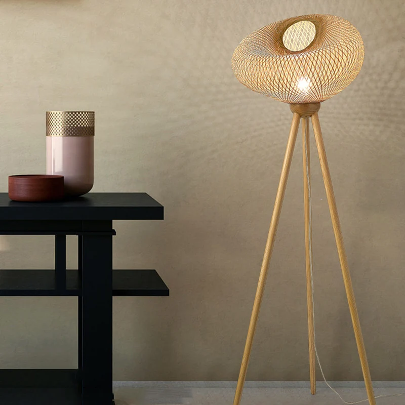 Traditional Japanese Bamboo & Wood Tripod Base Irregular Round 1-Light Standing Floor Lamp For Bedroom & Living Room