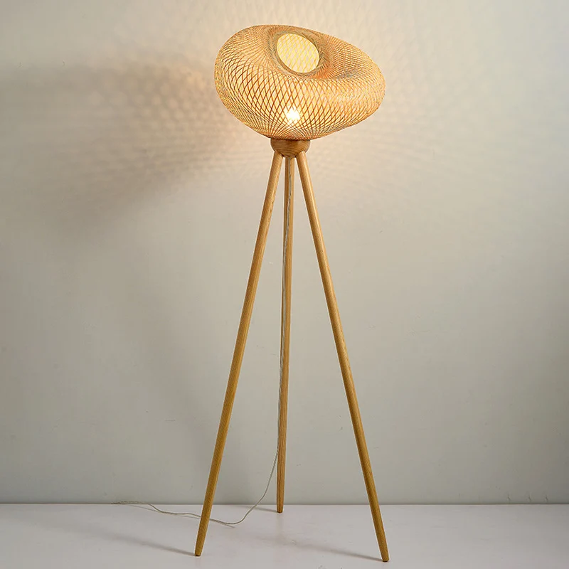 Traditional Japanese Bamboo & Wood Tripod Base Irregular Round 1-Light Standing Floor Lamp For Bedroom & Living Room