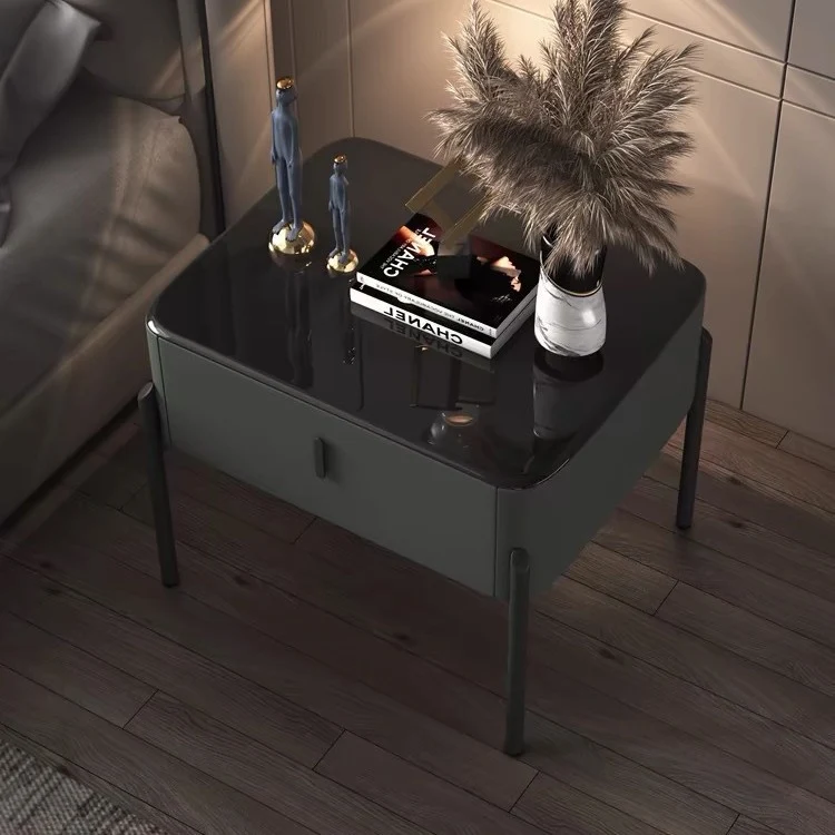 Contemporary Luxury Rectangular Tempered Glass Top Faux Leather Veneered MDF Frame Nightstand 1-Drawer For Bedroom