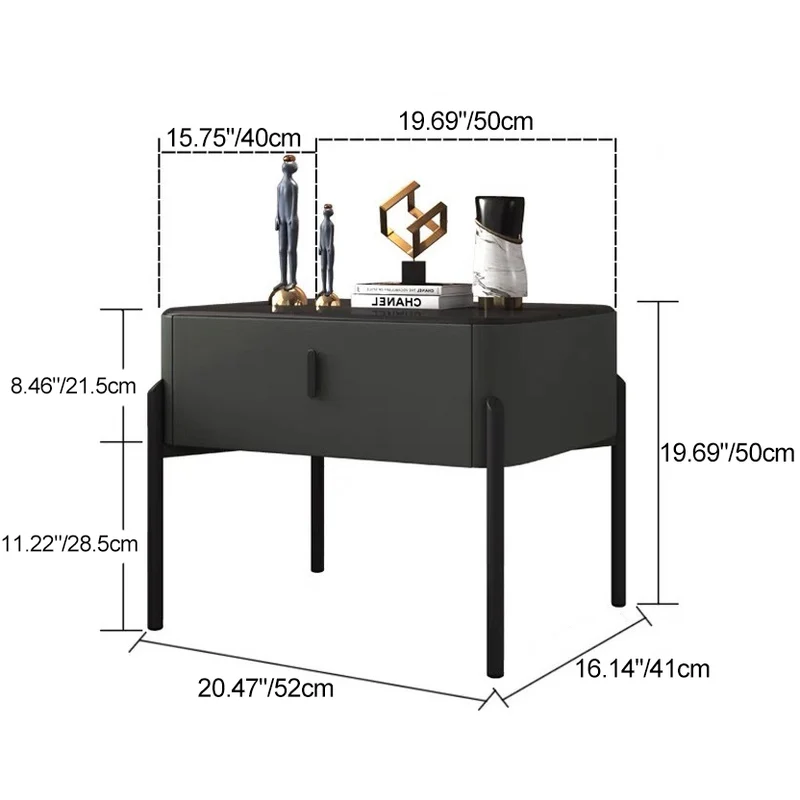 Contemporary Luxury Rectangular Tempered Glass Top Faux Leather Veneered MDF Frame Nightstand 1-Drawer For Bedroom